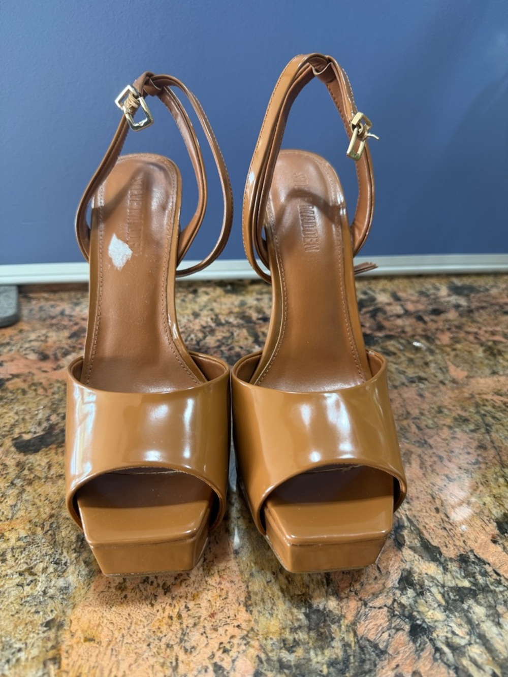 Steve Madden Cognac Patent Platform Open-Toe Ankle Strap Heels